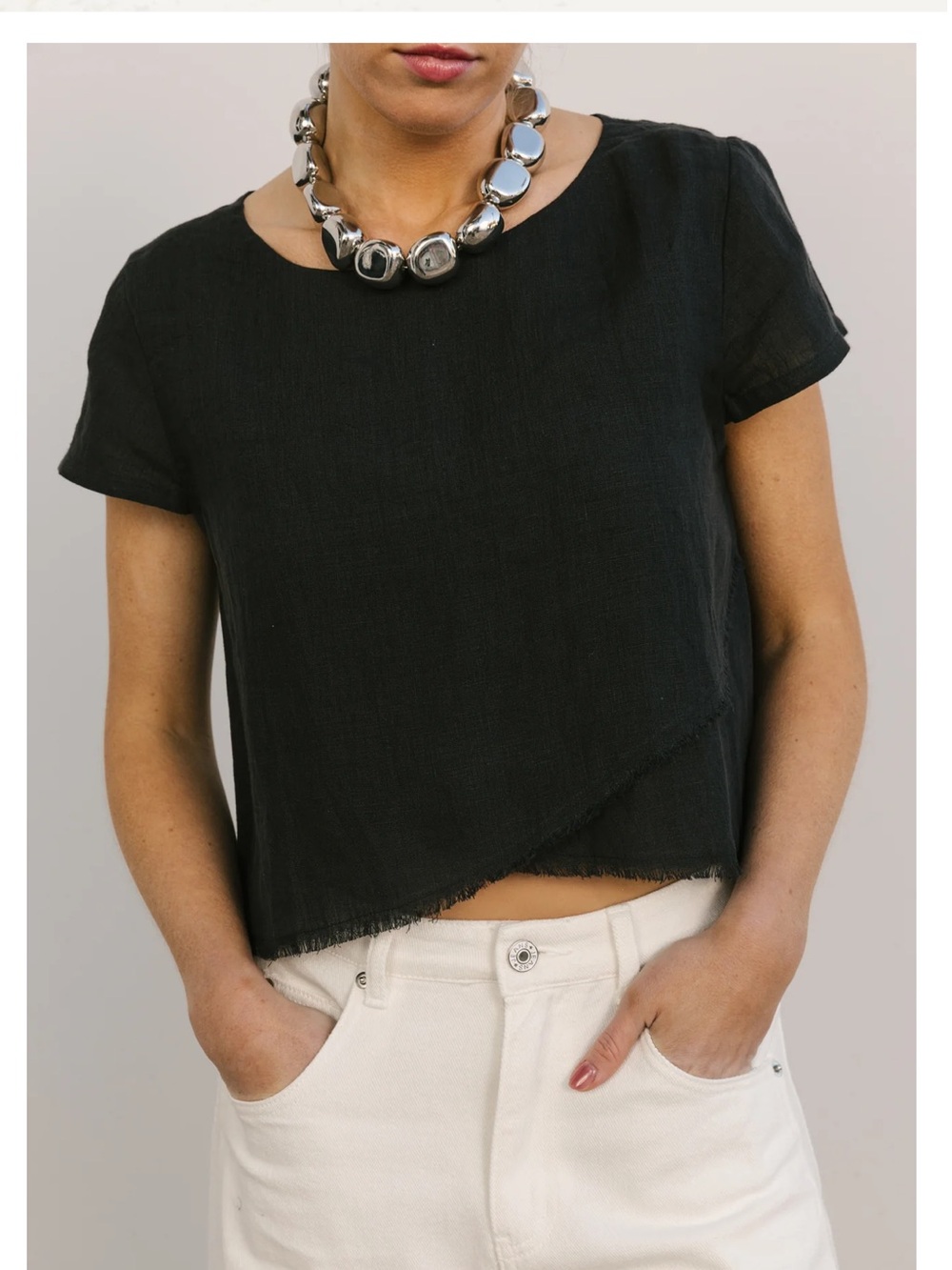 Becasa Black Linen Crop Top short sleeve small